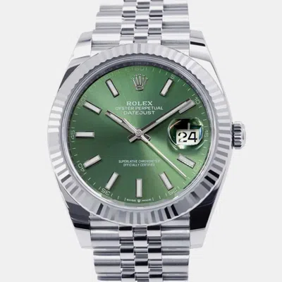 Pre-owned Rolex Green 18k White Gold Stainless Steel Datejust 126334 Automatic Men's Wristwatch 41 Mm