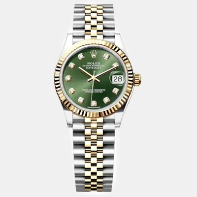 Pre-owned Rolex Green 18k Yellow Gold Stainless Steel Datejust Automatic Women's Wristwatch 31 Mm