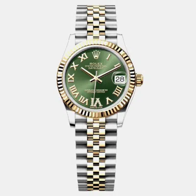 Pre-owned Rolex Green 18k Yellow Gold Stainless Steel Datejust Automatic Women's Wristwatch 31 Mm