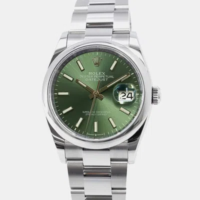 Pre-owned Rolex Green Stainless Steel Datejust Automatic Men's Wristwatch 36 Mm