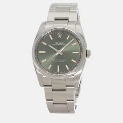 Pre-owned Rolex Green Stainless Steel Oyster Perpetual 114200 Automatic Men's Wristwatch 36 Mm