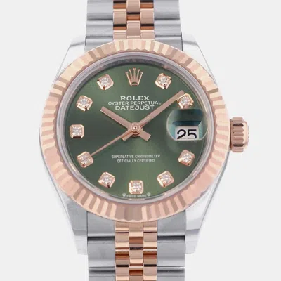 Pre-owned Rolex Green Steel 18k Rose Gold Lady Datejust Automatic Women's Wristwatch 28 Mm
