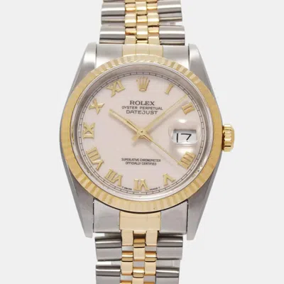 Pre-owned Rolex Ivory 18k Yellow Gold Stainless Steel Datejust 16233 Automatic Men's Wristwatch 36 Mm In White