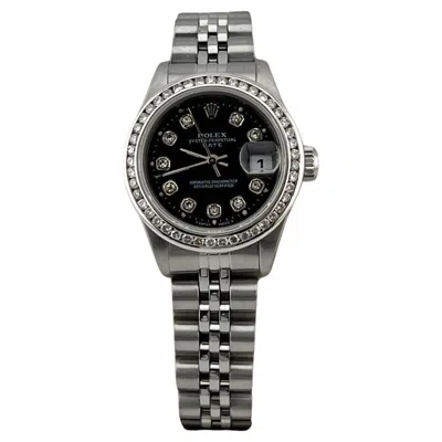 Pre-owned Rolex Ladies Date 69240 26mm Black Diamond Dial Diamond Bezel Stainless Steel
