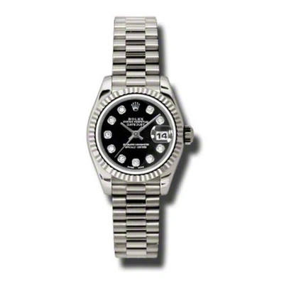 Rolex Lady-datejust 26 Black Dial 18k White Gold President Automatic Ladies Watch 179179bkdp In Metallic