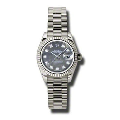 Rolex Lady-datejust 26 Black Mother Of Pearl Dial 18k White Gold President Automatic Ladies Watch 17 In Metallic