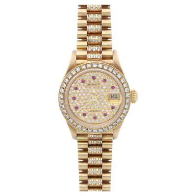 Pre-owned Rolex Lady Datejust 26mm 18k Yellow Gold Diamond Ruby Pave Dial President Watch