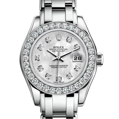 Rolex Lady-datejust Pearlmaster White Mother Of Pearl Diamond Dial 18k White Gold Automatic Ladies W In Metallic