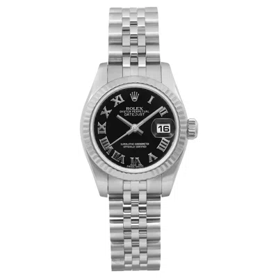 Pre-owned Rolex Lady-datejust 26 18k White Gold Steel Black Roman Dial Watch 179174