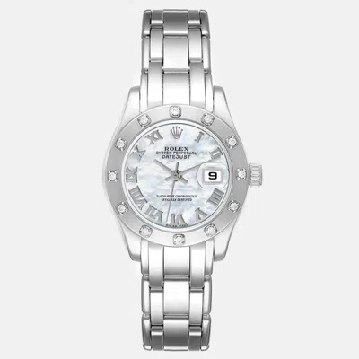 Pre-owned Rolex Masterpiece Pearlmaster White Gold Mother Of Pearl Dial Diamond Ladies Watch 29 Mm In Blue