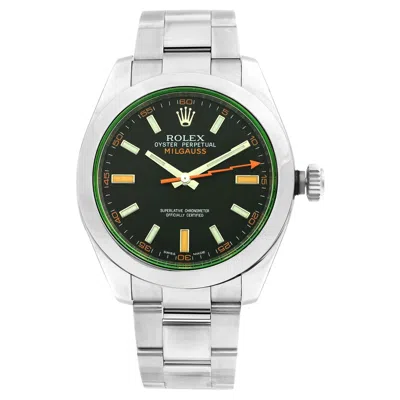 Pre-owned Rolex Milgauss Green Crystal Orange Hand Black Dial Mens Watch 116400gv