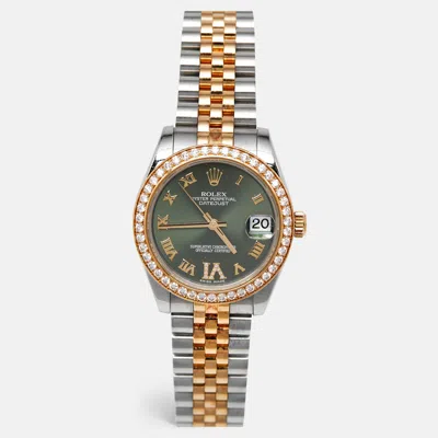 Pre-owned Rolex Olive Green 18k Yellow Gold Stainless Steel Diamond Datejust 178383 Women's Wristwatch 31 Mm
