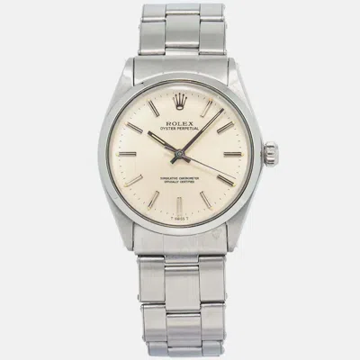 Pre-owned Rolex Oyster Perpetual 1002 Automatic Cream Stainless Steel Women's Wristwatch 34mm In White