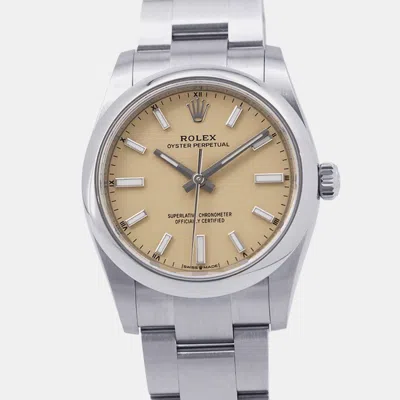 Pre-owned Rolex Oyster Perpetual 124200 Beige Stainless Steel Men Wristwatch 34mm In Sand