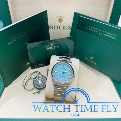 Pre-owned Rolex Oyster Perpetual 126000 36mm Domed Bezel Turquoise Blue Dial