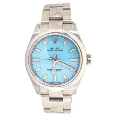 Pre-owned Rolex Oyster Perpetual 31mm Turquoise Blue Dial Steel Watch 277200