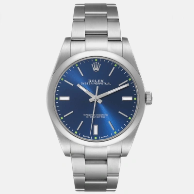 Pre-owned Rolex Oyster Perpetual 39mm Blue Dial Steel Mens Watch 114300