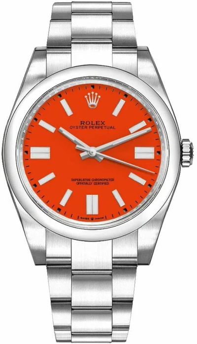 Pre-owned Rolex Oyster Perpetual 41 Coral Red Dial Luxury Dress Watch Buy Online On Sale