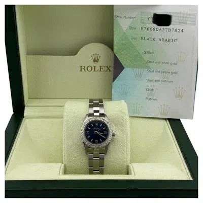 Pre-owned Rolex Oyster Perpetual 76080 24mm Blue Dial Diamond Bezel Steel Box Papers