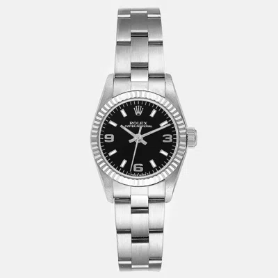 Pre-owned Rolex Oyster Perpetual Black Dial Steel White Gold Ladies Watch 24 Mm