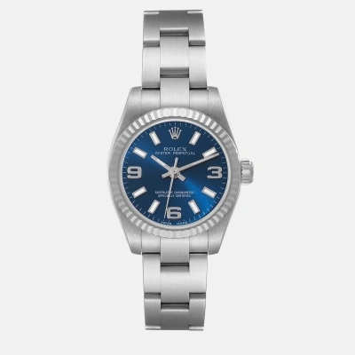 Pre-owned Rolex Oyster Perpetual Blue Dial Steel White Gold Ladies Watch 176234