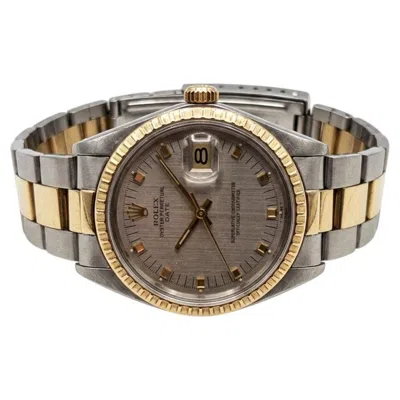 Pre-owned Rolex Oyster Perpetual Date 34mm Two-tone Engine Turned Bezel Wrist Watch In Multiple