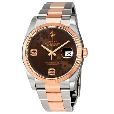 Rolex Oyster Perpetual Datejust 36 Chocolate Floral Diamond Dial Steel & 18k Everose Gold Unisex Wat In Multi