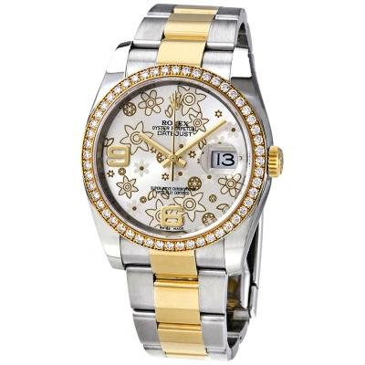 Rolex Oyster Perpetual Datejust 36 Silver Floral Dial Stainless Steel And 18k Yellow Gold Bracelet A In Metallic