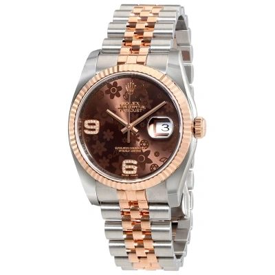 Rolex Oyster Perpetual Datejust Chocolate Floral Motif Dial Automatic Ladies Stainless Steel And 18k In Brown