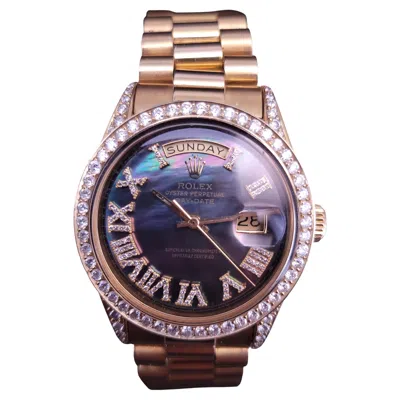 Pre-owned Rolex Oyster Perpetual Day Date In 18kyellow Gold Black Mather Of Pearl Diamond