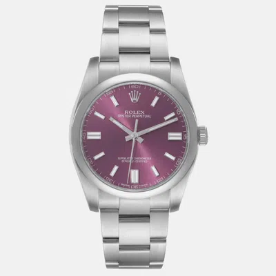 Pre-owned Rolex Oyster Perpetual Red Grape Dial Steel Men's Watch 36 Mm
