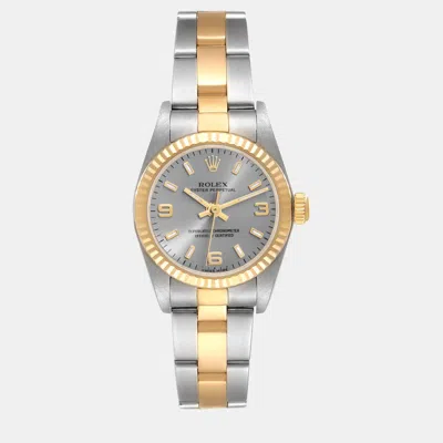 Pre-owned Rolex Oyster Perpetual Slate Dial Steel Yellow Gold Ladies Watch 24 Mm In Grey