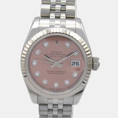 Pre-owned Rolex Pink Diamond 18k White Gold Stainless Steel Datejust 179174 Automatic Women's Wristwatch 26 Mm