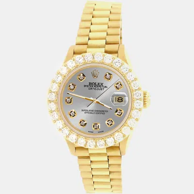 Pre-owned Rolex President Datejust 26mm Yellow Gold Wristwatch With 2ct Diamond Bezel Gray Diamond Dial In Grey