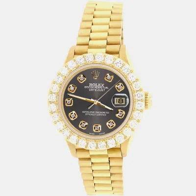 Pre-owned Rolex President Datejust 26mm Yellow Gold Wristwatch With 2ct Diamond Bezel Rhodium Gray Diamond Dial In Grey