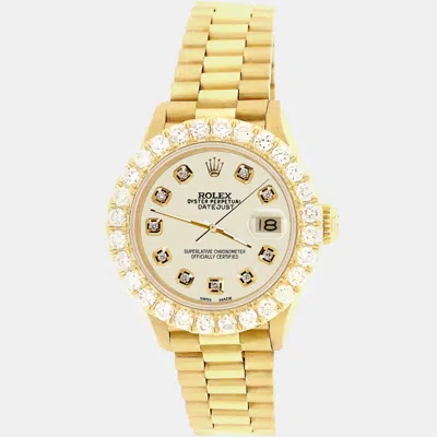 Pre-owned Rolex President Datejust 26mm Yellow Gold Wristwatch With 2ct Diamond Bezel Satin Linen Diamond Dial In Beige