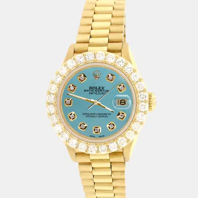 Pre-owned Rolex President Datejust 26mm Yellow Gold Wristwatch With 2ct Diamond Bezel Turquoise Diamond Dial In Blue