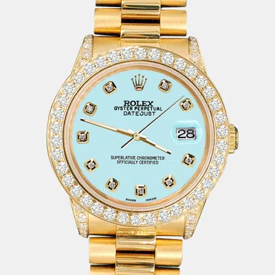 Pre-owned Rolex President Datejust 31mm 2.3ct Diamond Bezel Lugs Aqua Blue Dial Yellow Gold Wristwatch