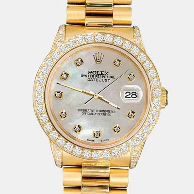 Pre-owned Rolex President Datejust 31mm 2.3ct Diamond Bezel Lugs Champagne Mop Dial Yellow Gold Wristwatch In Silver