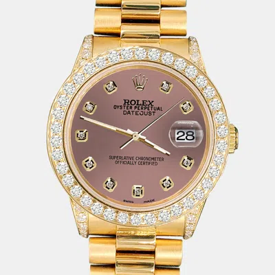 Pre-owned Rolex President Datejust 31mm 2.3ct Diamond Bezel Lugs Salmon Dial Yellow Gold Wristwatch In Pink