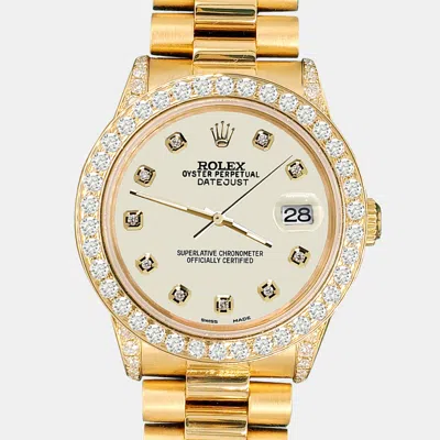 Pre-owned Rolex President Datejust 31mm 2.3ct Diamond Bezel Lugs Satin Linen Dial Yellow Gold Wristwatch