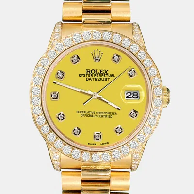 Pre-owned Rolex President Datejust 31mm 2.3ct Diamond Bezel Lugs Yellow Dial Yellow Gold Wristwatch