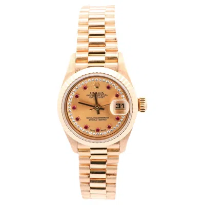 Pre-owned Rolex President Datejust 69178 Ladies 26mm Ruby Diamond Dial 18k Gold Watch In Multi