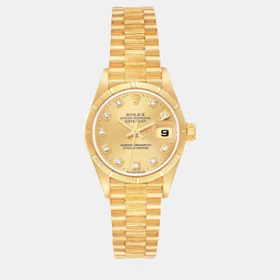 Pre-owned Rolex President Datejust Diamond Dial Yellow Gold Bark Finish Ladies Watch 26 Mm