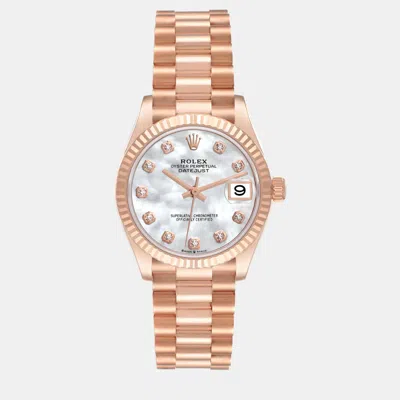 Pre-owned Rolex President Datejust Midsize Rose Gold Mop Diamond Ladies Watch 31 Mm In White
