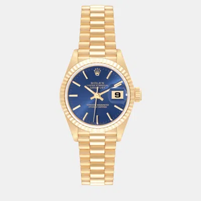 Pre-owned Rolex President Datejust Yellow Gold Blue Dial Ladies Watch 26 Mm