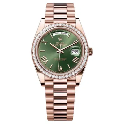 Pre-owned Rolex President Day Date 40 18k Rose Gold Olive Dimaond Bezel Watch 228345rbr In Red