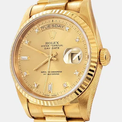 Pre-owned Rolex President Day Date Automatic Diamond Champagne 18k Yellow Gold Men's Wristwatch 36 Mm