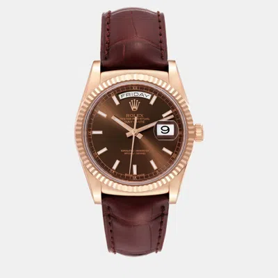 Pre-owned Rolex President Day-date Rose Gold Chocolate Dial Men's Watch 36 Mm In Brown