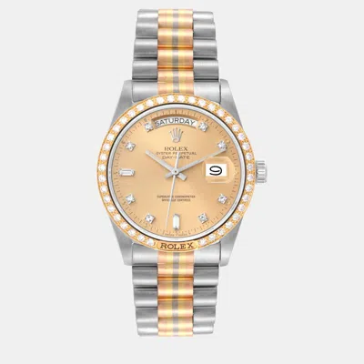 Pre-owned Rolex President Day-date Tridor White Yellow Rose Gold Diamond Watch 36.0 Mm